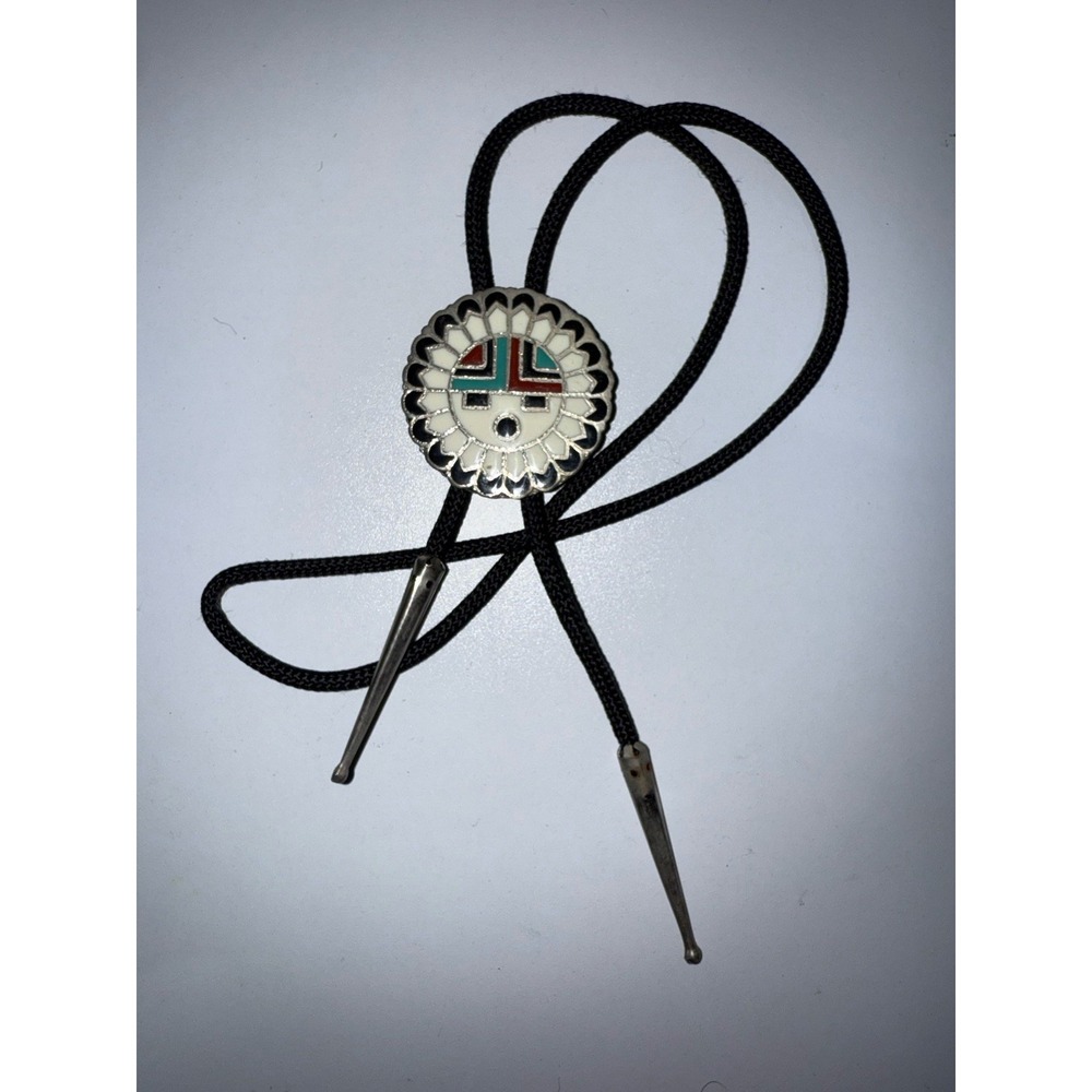 Vintage Southwestern style Bolo Tie Inlay Silver Tone HEAVY DUTY WESTERN NATIVE